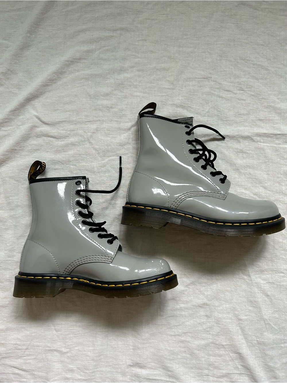 Dr. Martens Women's Glossy Light Gray Lace-Up Combat Boots